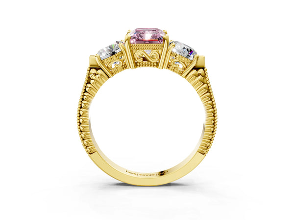 Yellow Gold Radiant Cut Vintage Three Stone Engagement Ring Setting for Fancy Pink Center