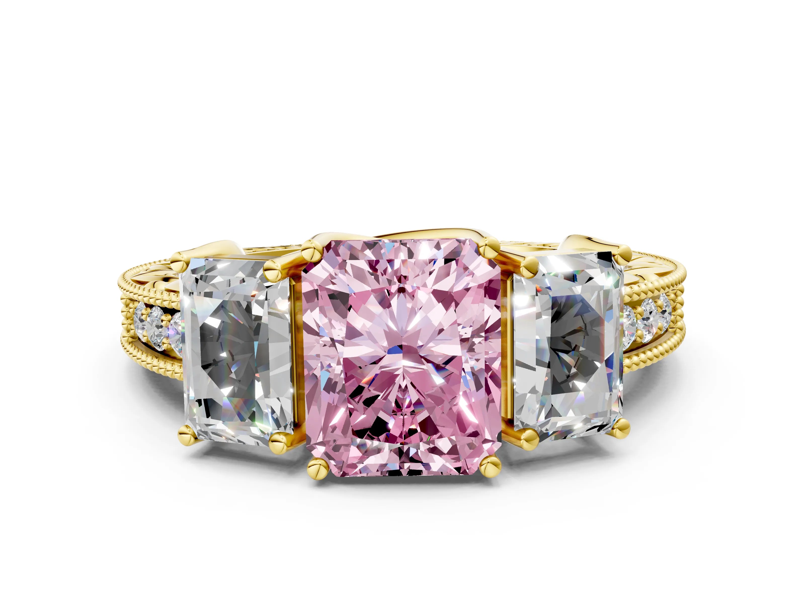 Yellow gold Three-Stone Fancy Pink Radiant Cut Cut Milgrain Pavé Engagement Ring