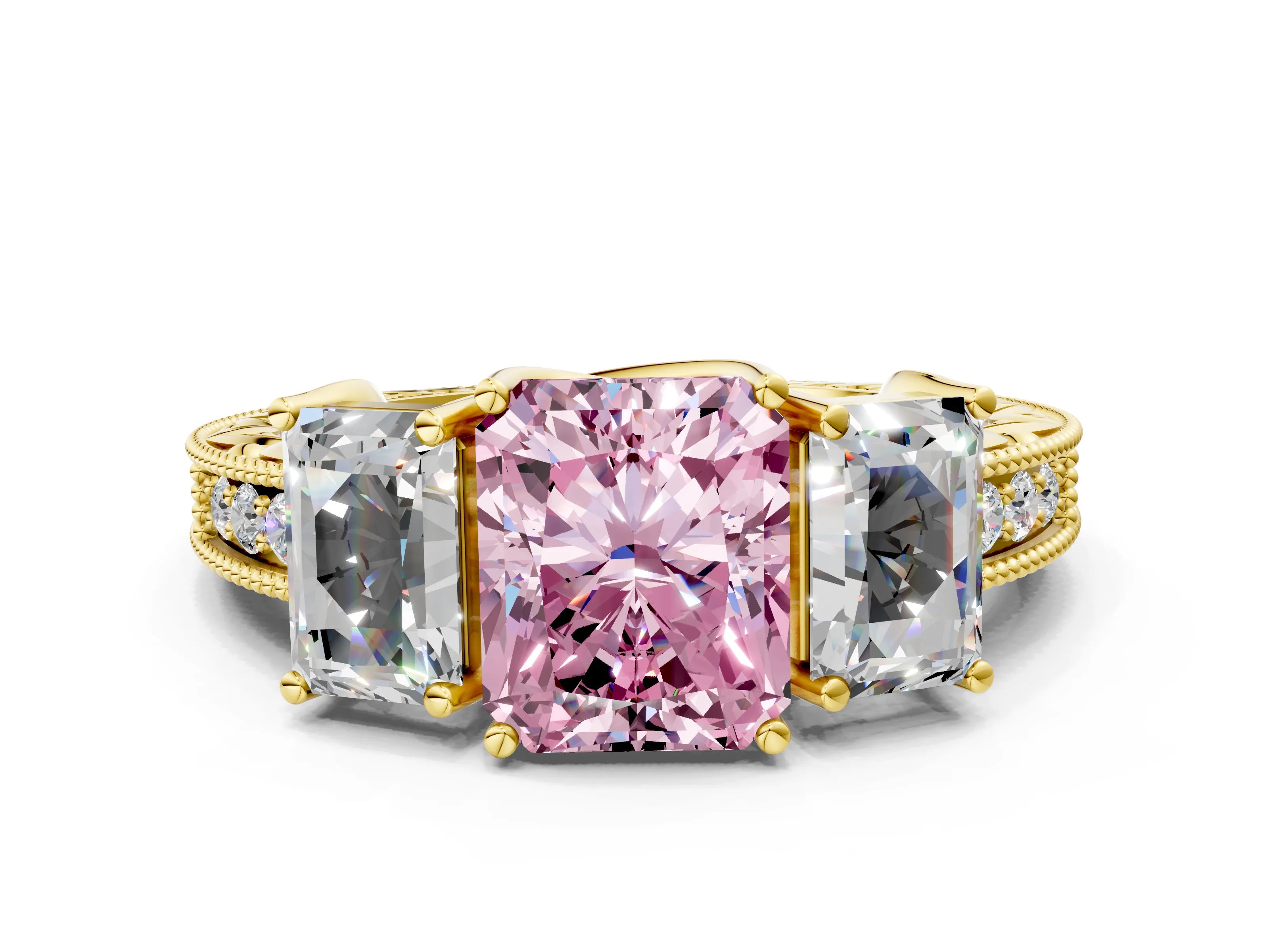 Yellow gold Three-Stone Fancy Pink Radiant Cut Cut Milgrain Pavé Engagement Ring_12