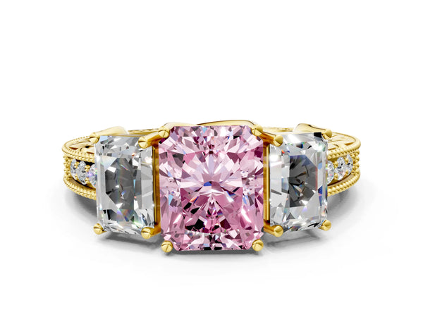 Yellow Gold Radiant Cut Engraved Three Stone Engagement Ring Setting for Fancy Pink Center