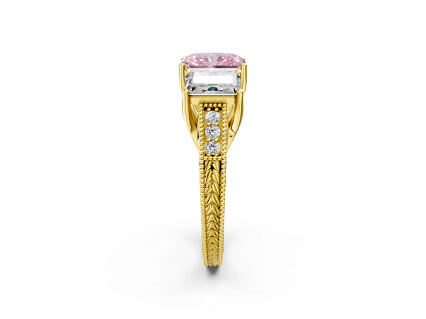 Yellow Gold Radiant Cut Engraved Three Stone Engagement Ring Setting for Fancy Pink Center
