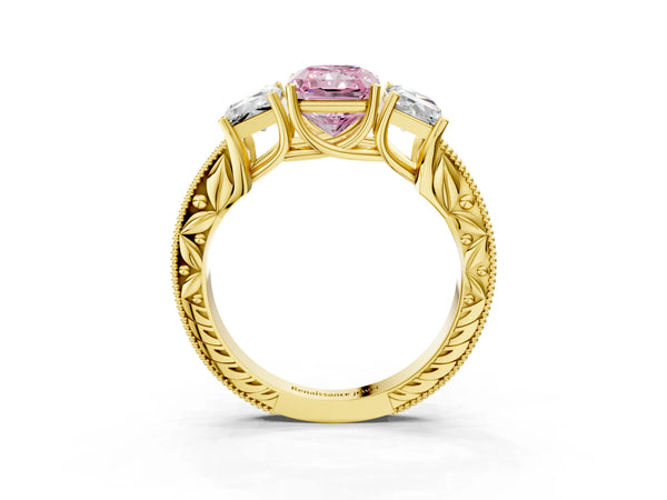Yellow Gold Radiant Cut Engraved Three Stone Engagement Ring Setting for Fancy Pink Center