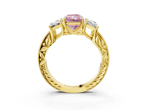 Yellow gold Three-Stone Fancy Pink Radiant Cut Cut Milgrain Pavé Engagement Ring_15