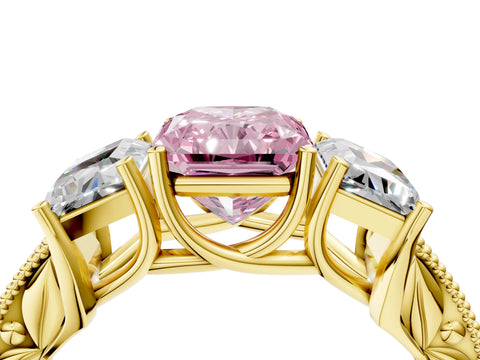 Yellow gold Three-Stone Fancy Pink Radiant Cut Cut Milgrain Pavé Engagement Ring_16