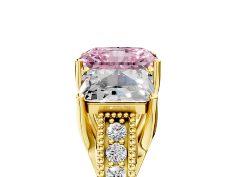 Yellow gold Three-Stone Fancy Pink Radiant Cut Cut Milgrain Pavé Engagement Ring_17