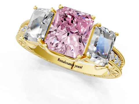 Yellow gold Three-Stone Fancy Pink Radiant Cut Cut Milgrain Pavé Engagement Ring_1