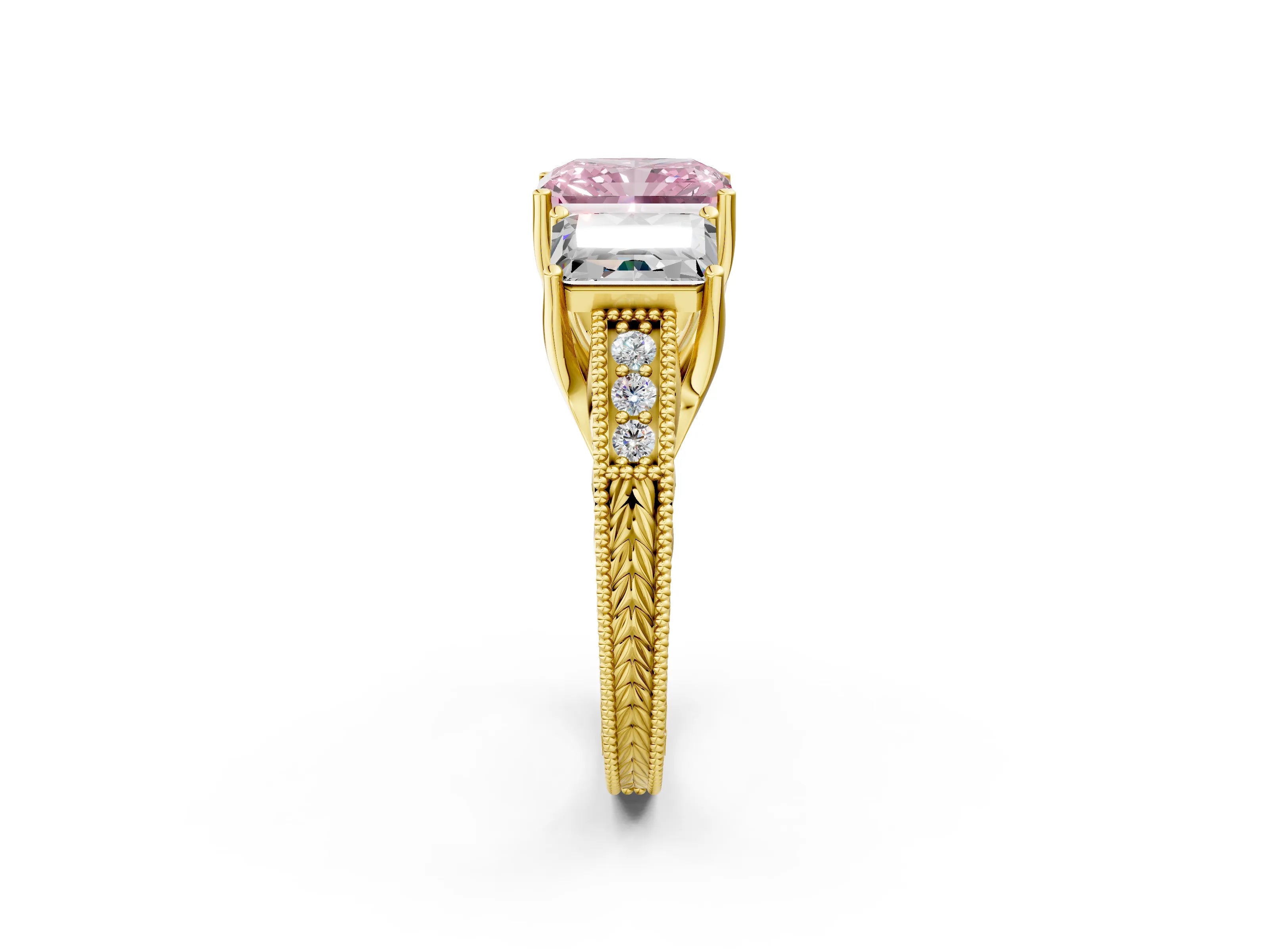 Yellow gold Three-Stone Fancy Pink Radiant Cut Cut Milgrain Pavé Engagement Ring_2