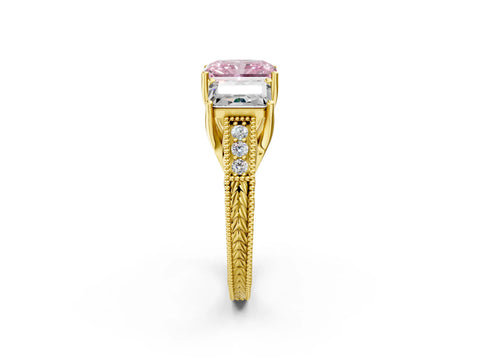 Yellow gold Three-Stone Fancy Pink Radiant Cut Cut Milgrain Pavé Engagement Ring_2