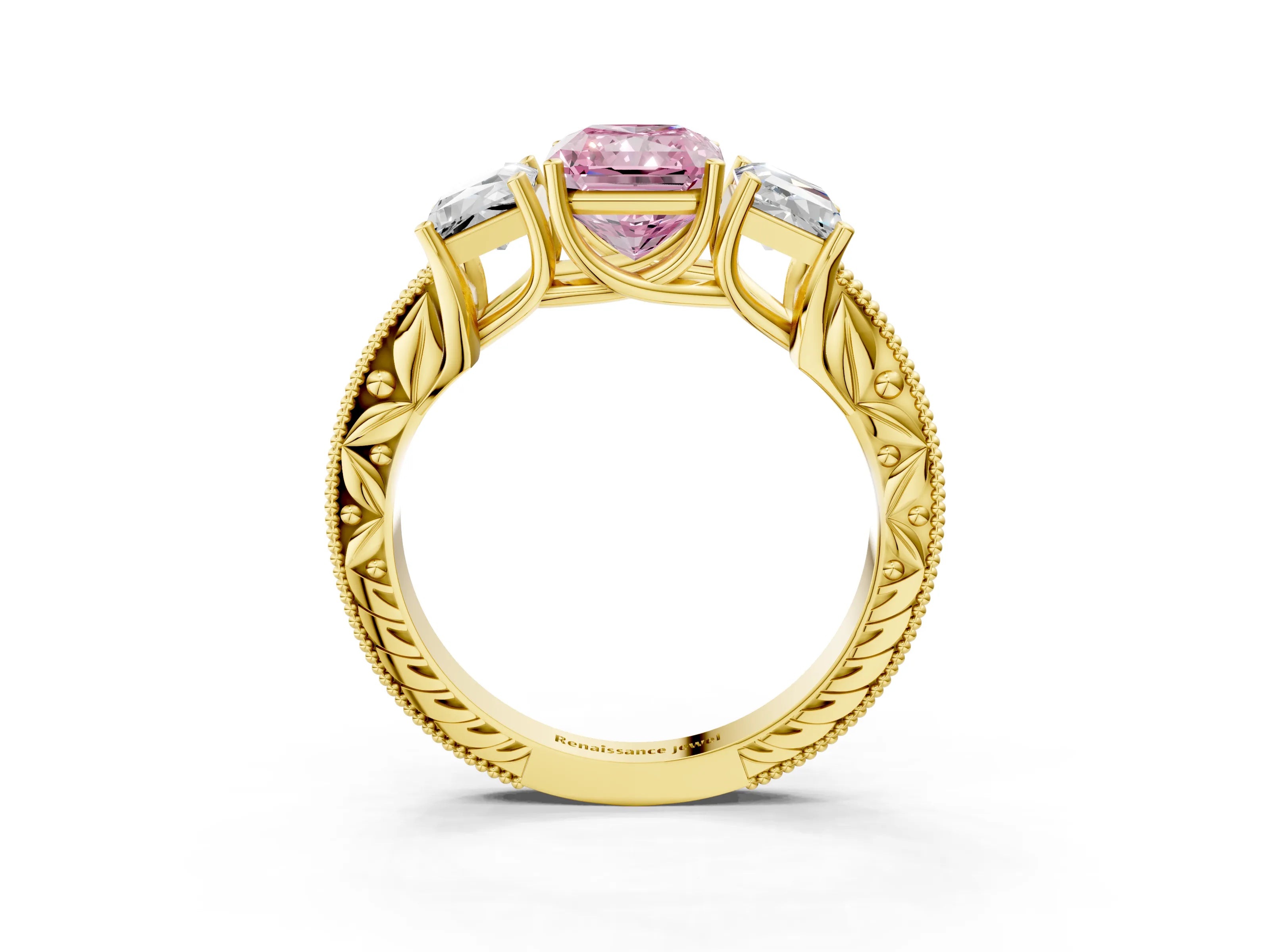 Yellow gold Three-Stone Fancy Pink Radiant Cut Cut Milgrain Pavé Engagement Ring_3