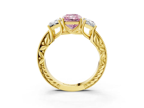 Yellow gold Three-Stone Fancy Pink Radiant Cut Cut Milgrain Pavé Engagement Ring_3