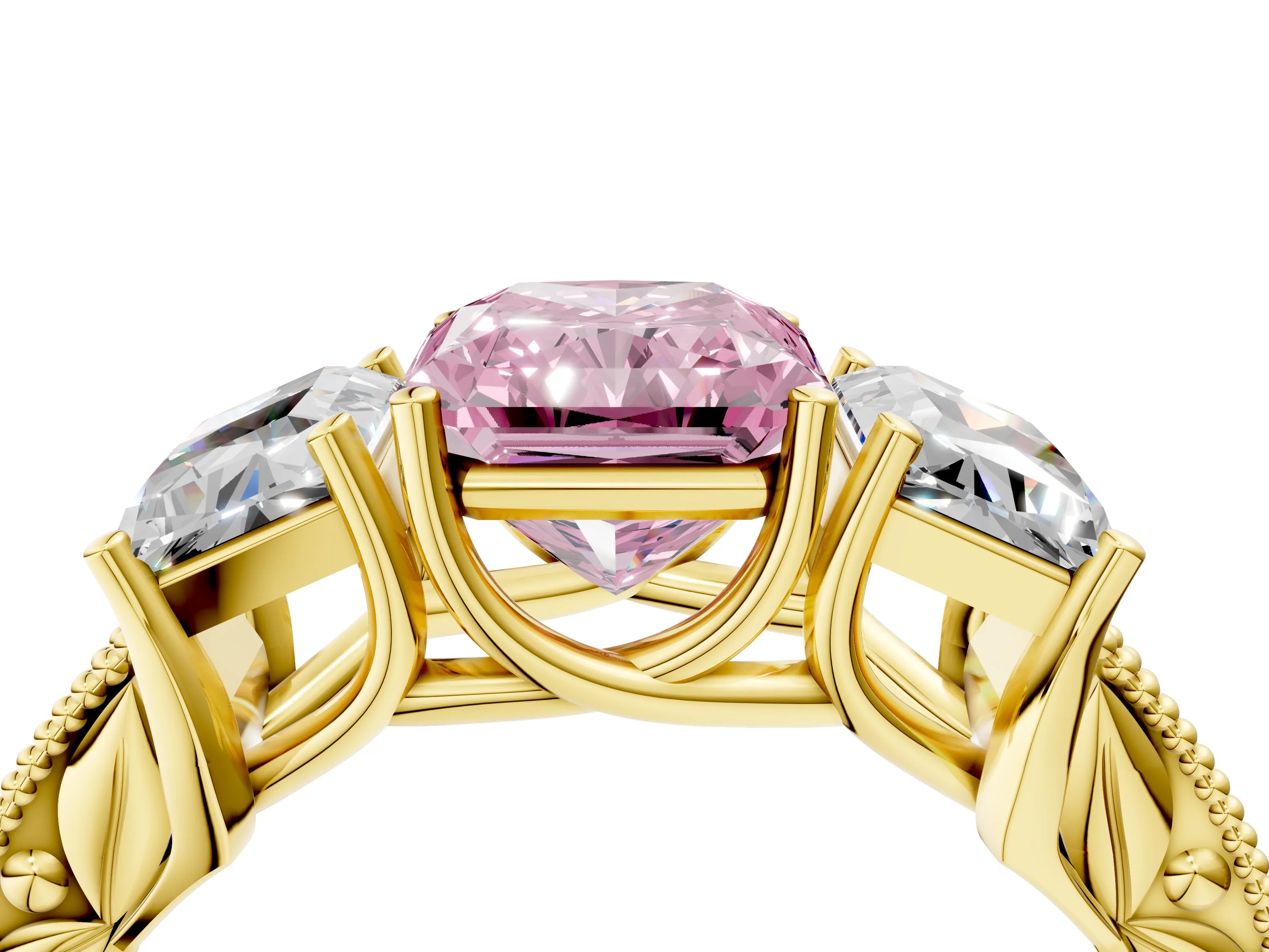 Yellow gold Three-Stone Fancy Pink Radiant Cut Cut Milgrain Pavé Engagement Ring_4