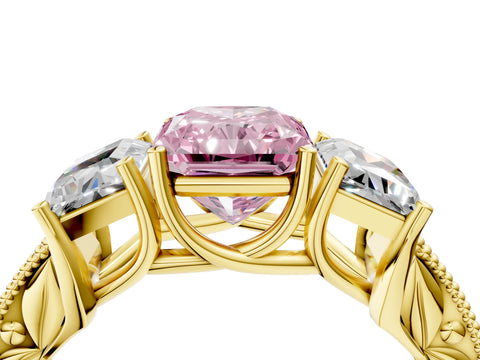 Yellow gold Three-Stone Fancy Pink Radiant Cut Cut Milgrain Pavé Engagement Ring_4