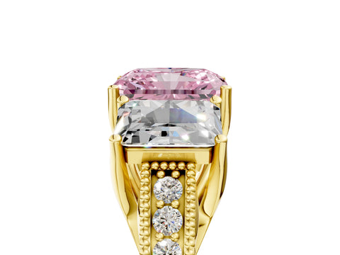 Yellow gold Three-Stone Fancy Pink Radiant Cut Cut Milgrain Pavé Engagement Ring_5