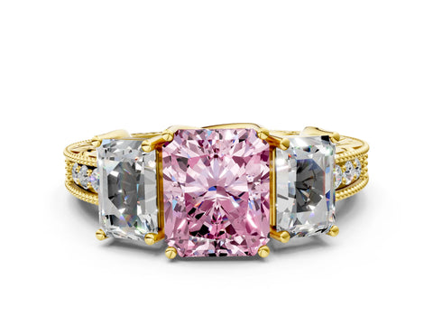 Yellow gold Three-Stone Fancy Pink Radiant Cut Cut Milgrain Pavé Engagement Ring