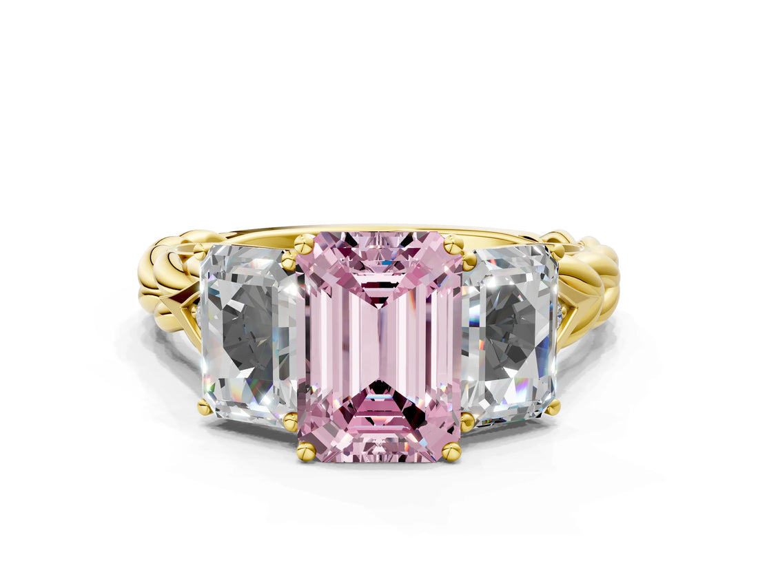 Yellow gold Three-Stone Fancy Pink Radiant Cut Diamond Braided Band Ring with Four-Prong Setting_102