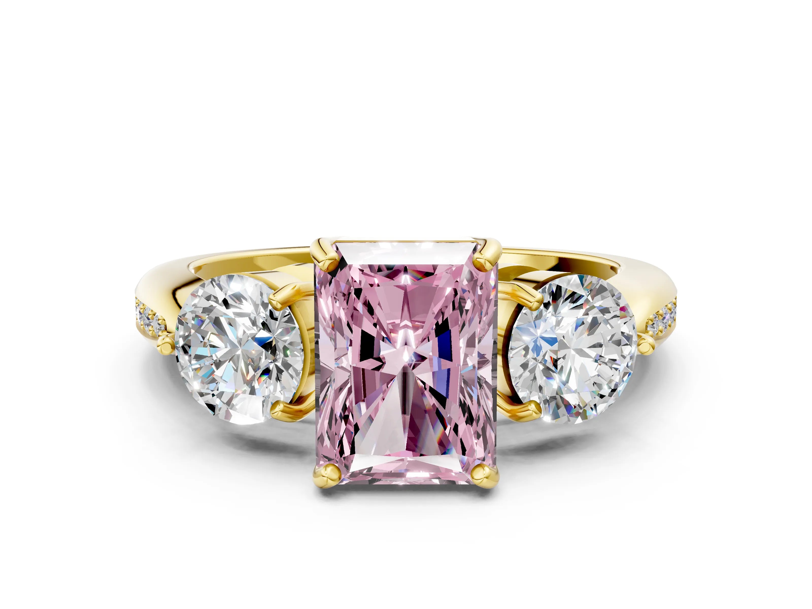 Yellow gold Three-Stone Fancy Pink Radiant Cut Diamond Channel Set Engagement Ring with Prong Setting