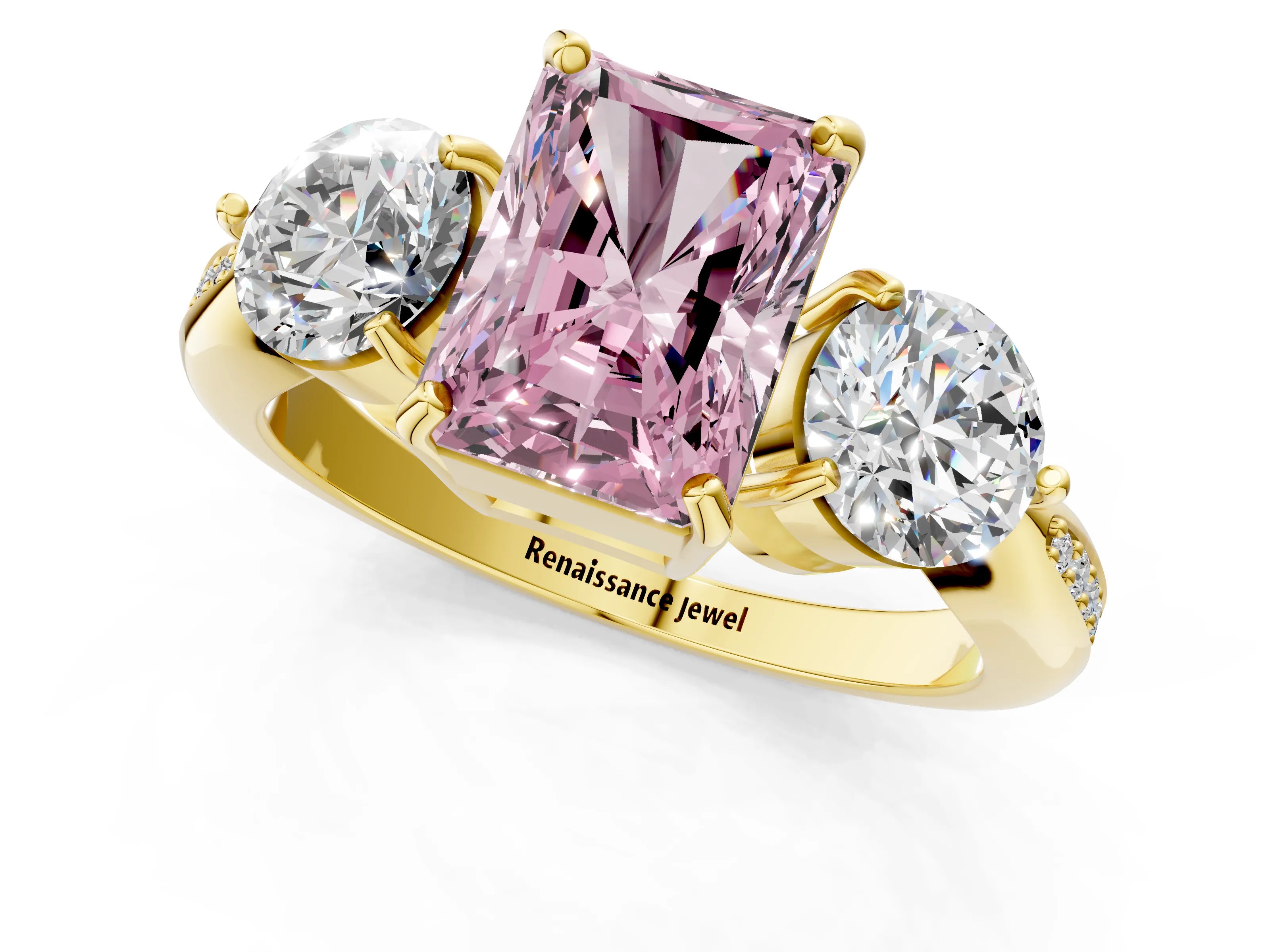 Yellow gold Three-Stone Fancy Pink Radiant Cut Diamond Channel Set Engagement Ring with Prong Setting_13