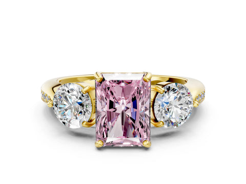 Yellow gold Three-Stone Fancy Pink Radiant Cut Diamond Channel Set Engagement Ring with Prong Setting