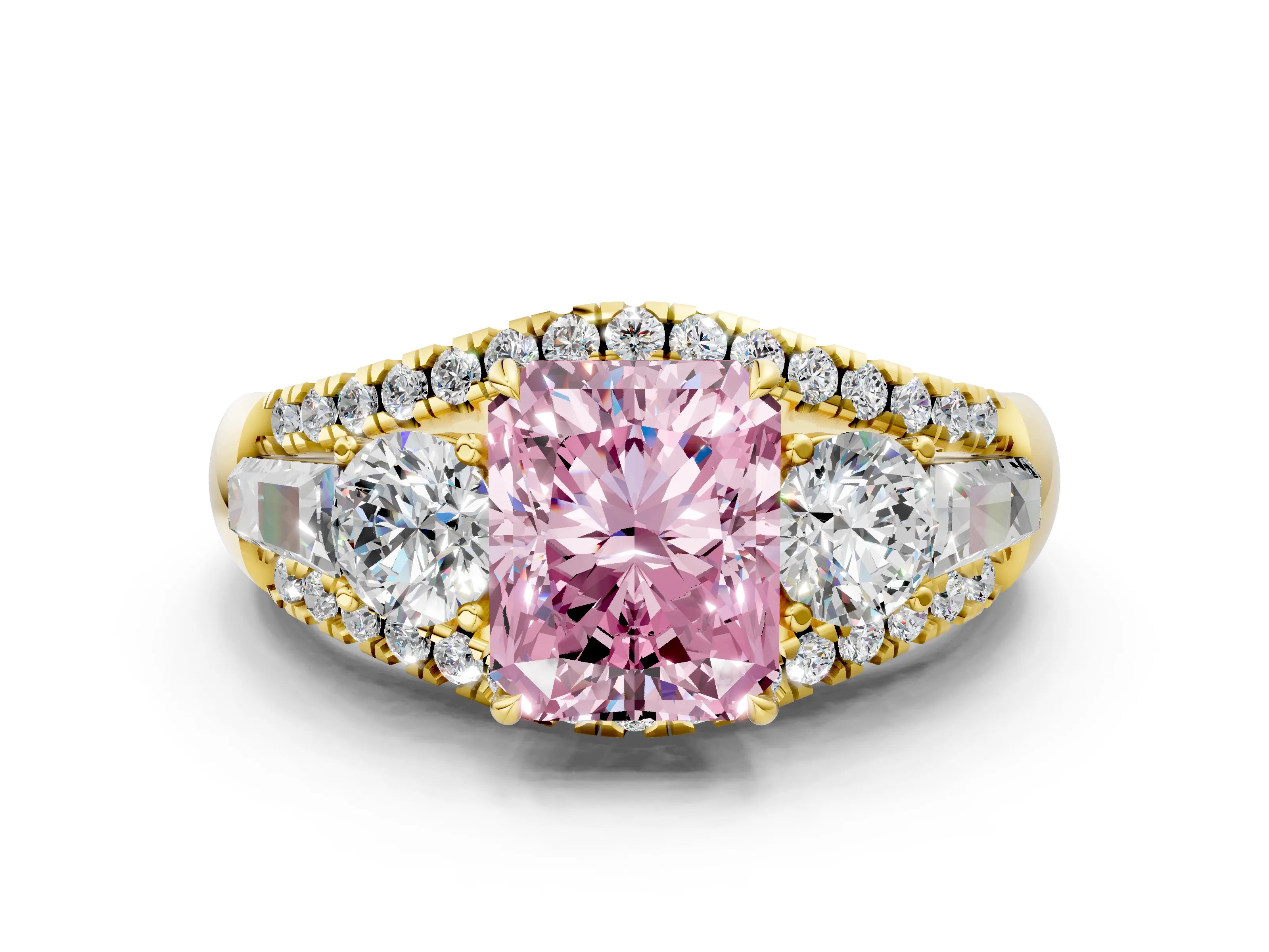 Yellow gold Three-Stone Fancy Pink Radiant Cut Diamond Engagement Ring with Pave Band and Prong Setting