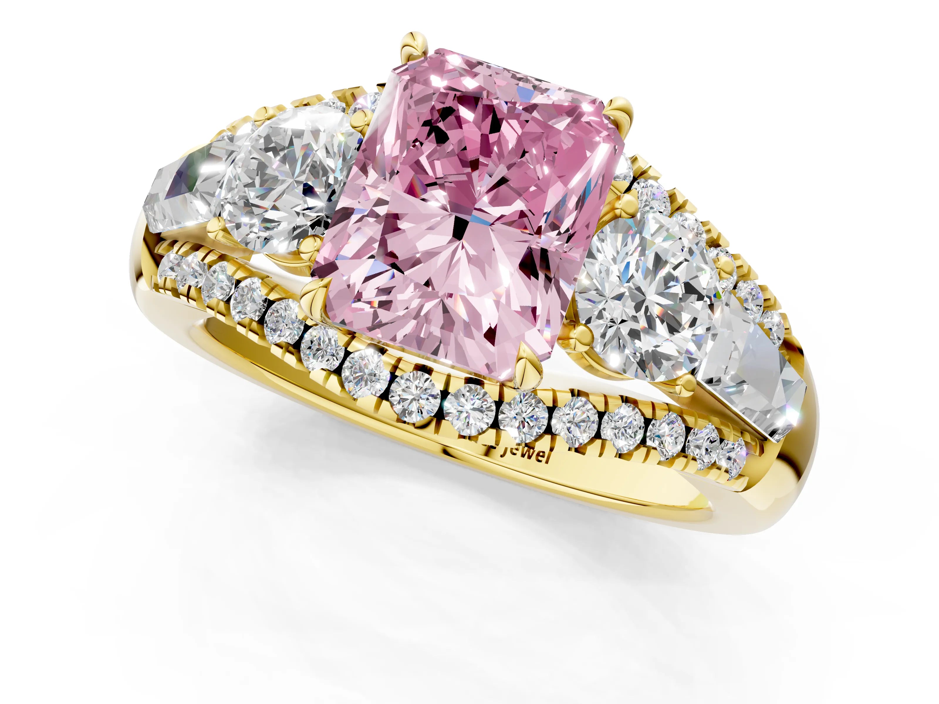 Yellow gold Three-Stone Fancy Pink Radiant Cut Diamond Engagement Ring with Pave Band and Prong Setting_1