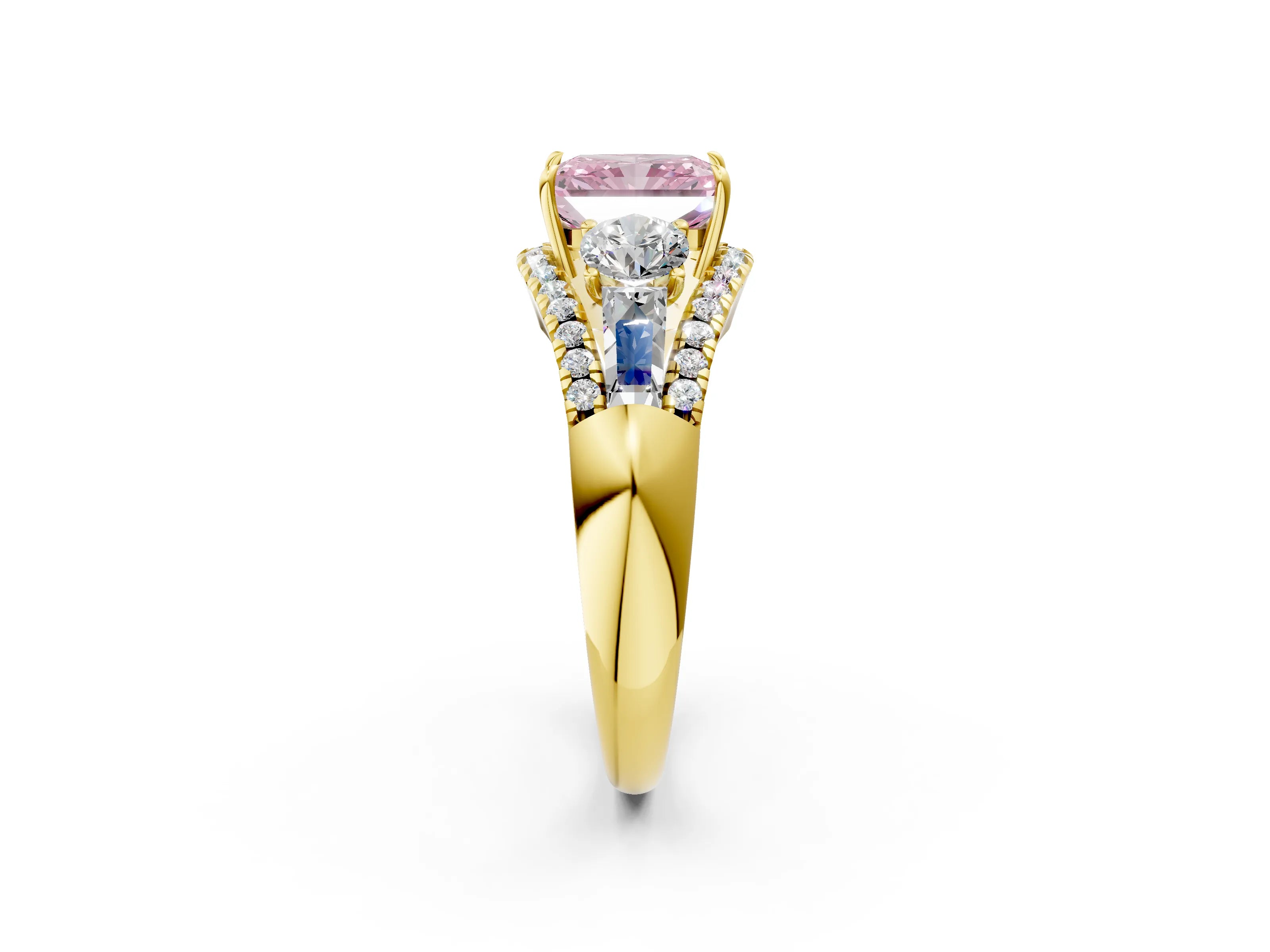 Yellow gold Three-Stone Fancy Pink Radiant Cut Diamond Engagement Ring with Pave Band and Prong Setting_2