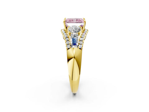 Yellow gold Three-Stone Fancy Pink Radiant Cut Diamond Engagement Ring with Pave Band and Prong Setting_2