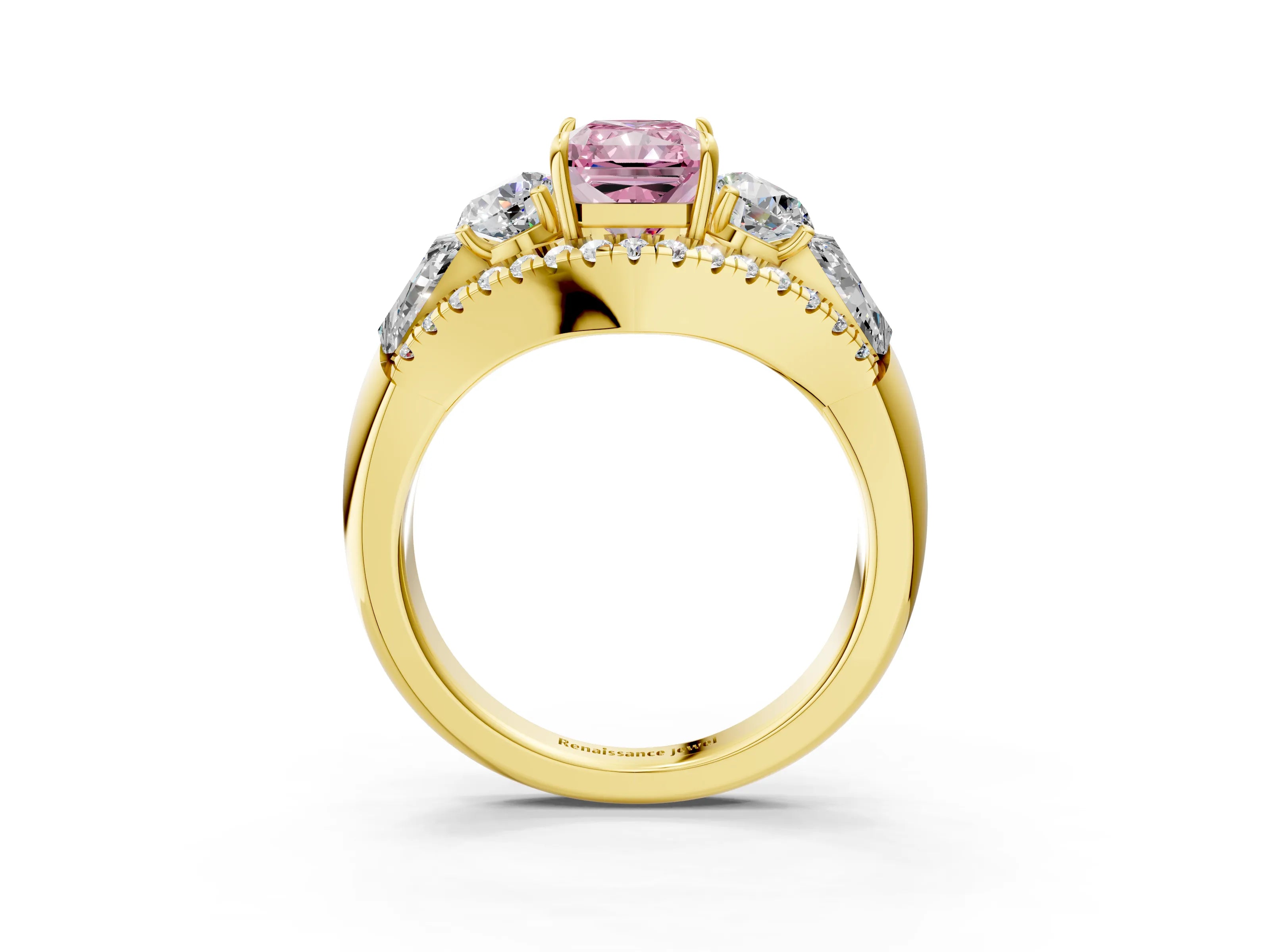 Yellow gold Three-Stone Fancy Pink Radiant Cut Diamond Engagement Ring with Pave Band and Prong Setting_3