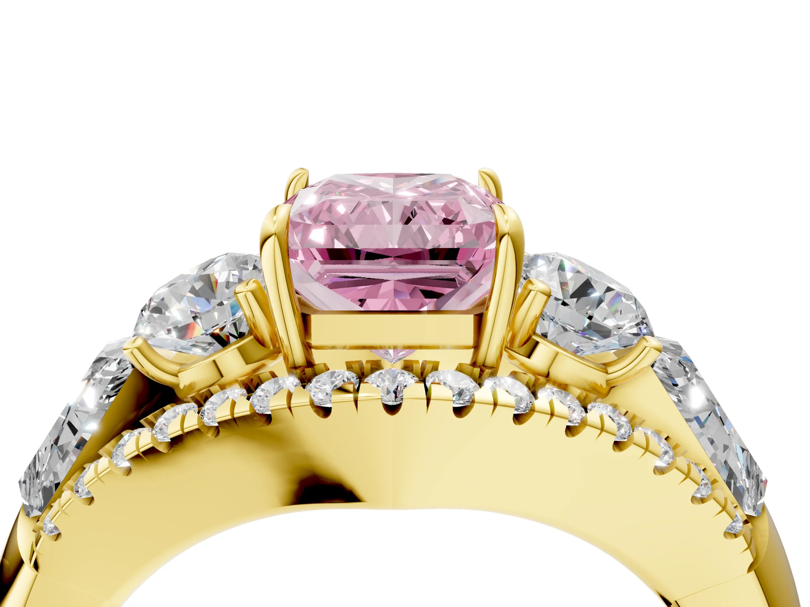 Yellow gold Three-Stone Fancy Pink Radiant Cut Diamond Engagement Ring with Pave Band and Prong Setting_4