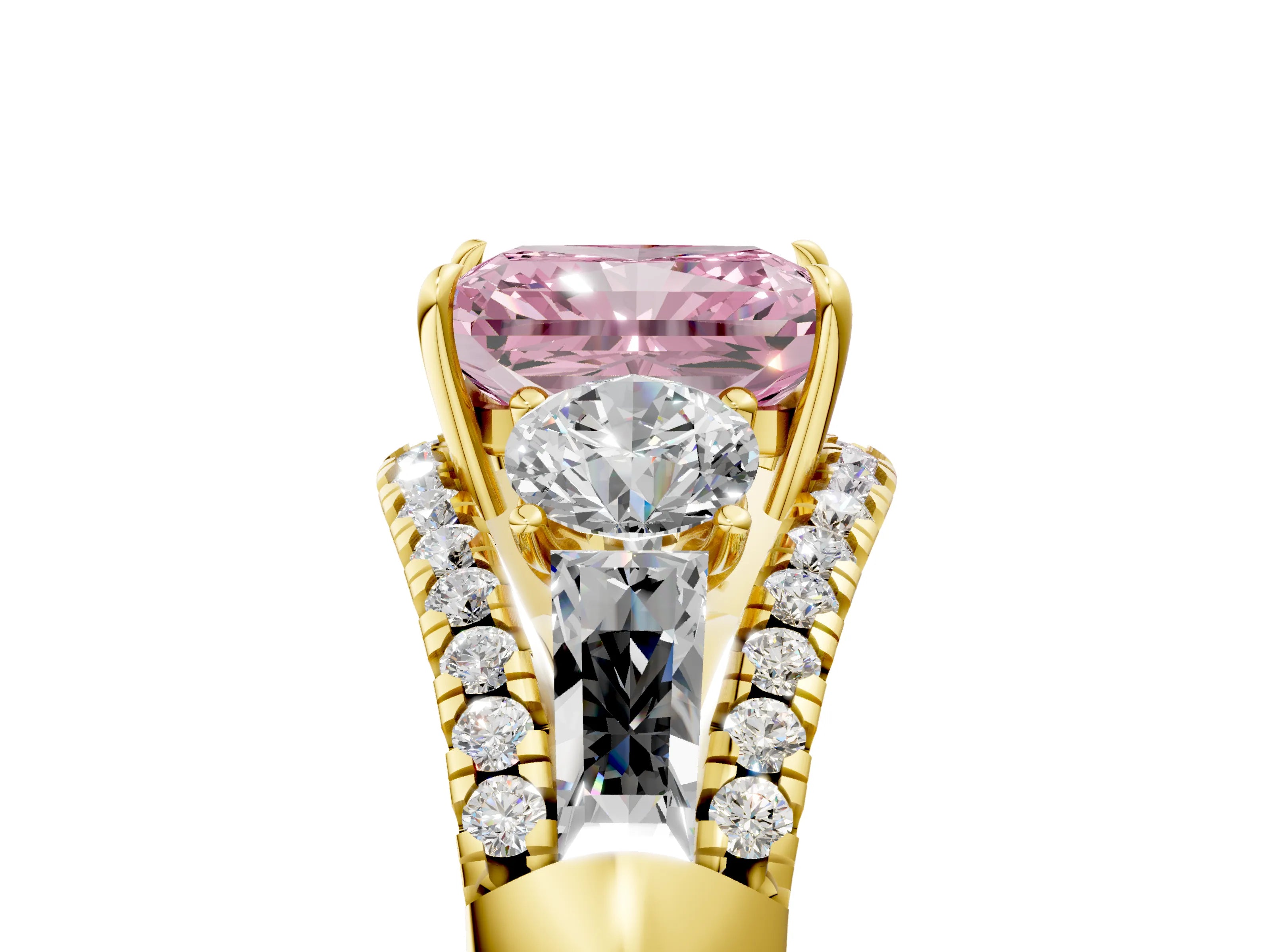 Yellow gold Three-Stone Fancy Pink Radiant Cut Diamond Engagement Ring with Pave Band and Prong Setting_5