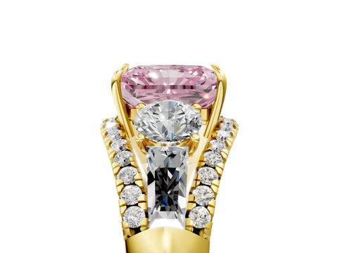 Yellow gold Three-Stone Fancy Pink Radiant Cut Diamond Engagement Ring with Pave Band and Prong Setting_5