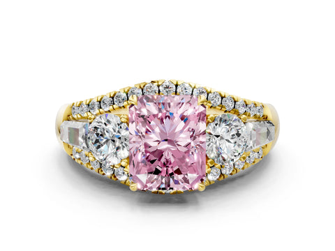 Yellow gold Three-Stone Fancy Pink Radiant Cut Diamond Engagement Ring with Pave Band and Prong Setting