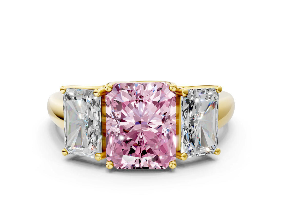 Yellow gold Three-Stone Fancy Pink Radiant Cut Diamond Engagement Ring with Prong Setting_3