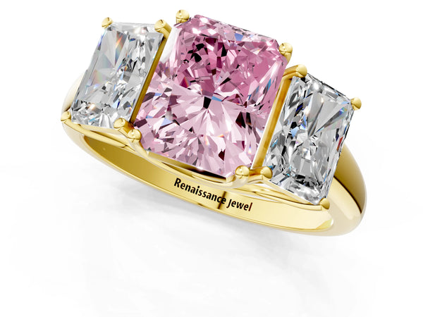 Yellow gold Three-Stone Fancy Pink Radiant Cut Diamond Engagement Ring with Prong Setting