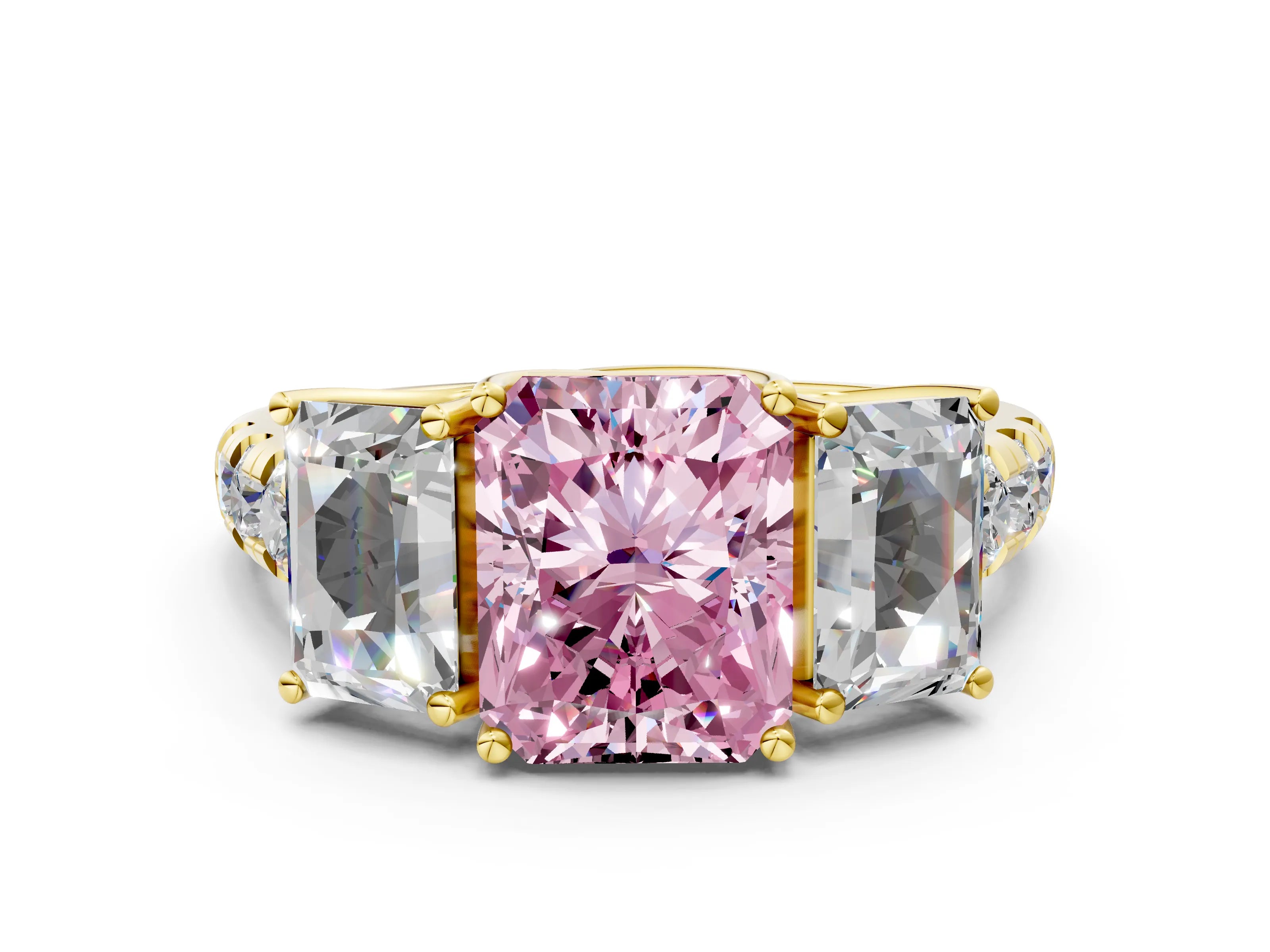 Yellow gold Three-Stone Fancy Pink Radiant Cut Diamond Pavé Band with Prong Setting