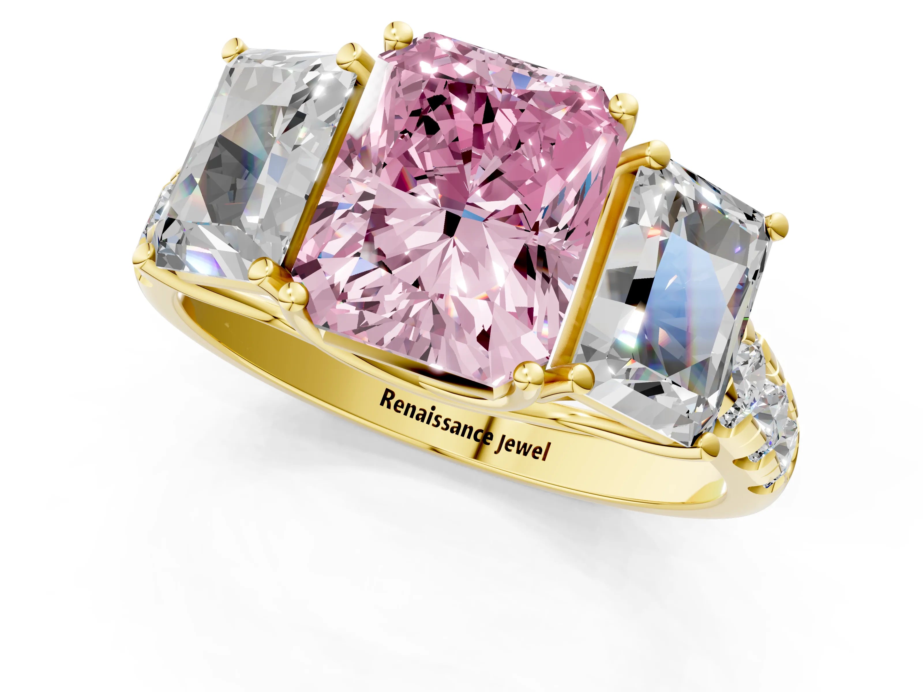 Yellow gold Three-Stone Fancy Pink Radiant Cut Diamond Pavé Band with Prong Setting_1