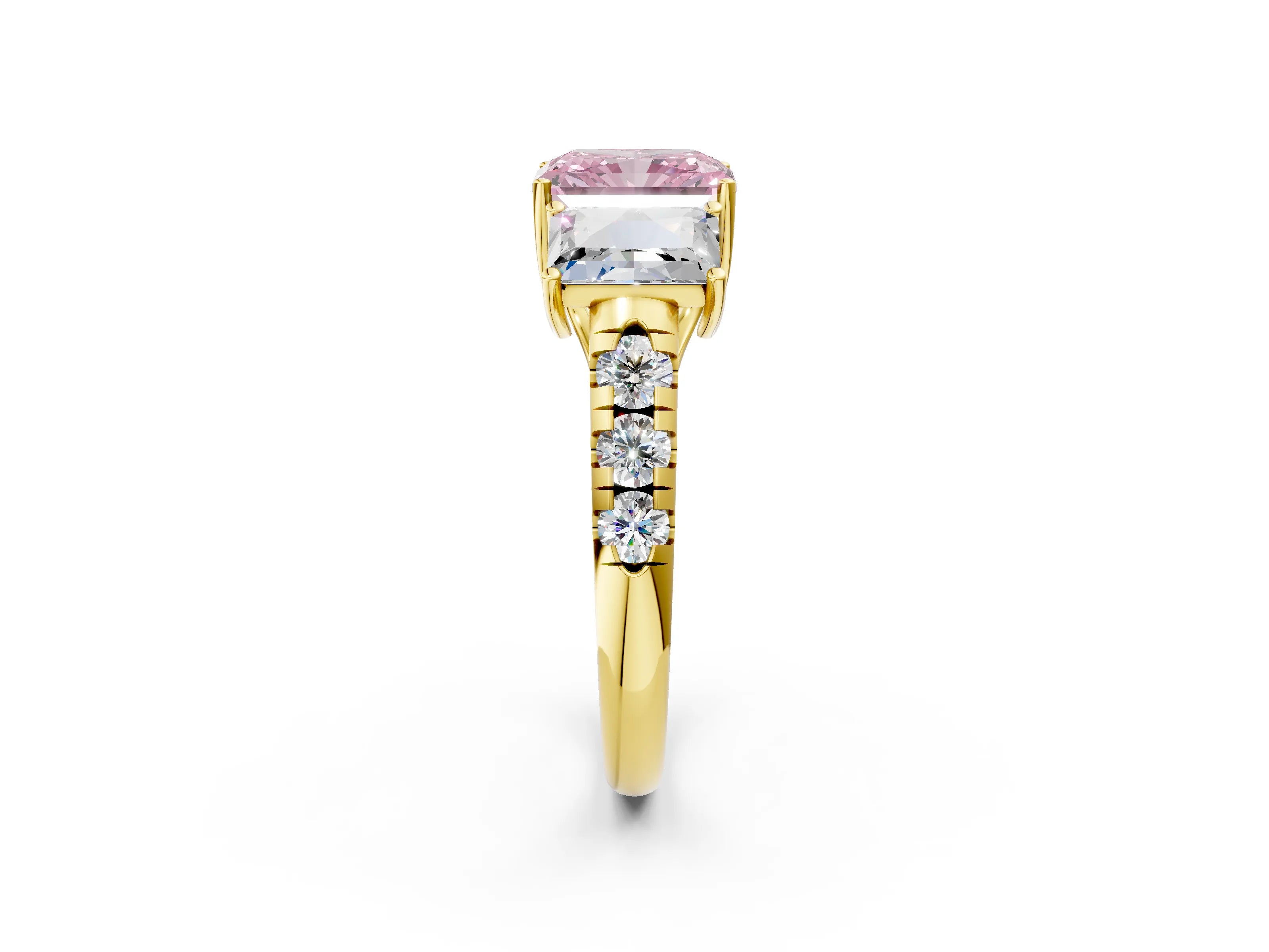 Yellow gold Three-Stone Fancy Pink Radiant Cut Diamond Pavé Band with Prong Setting_2