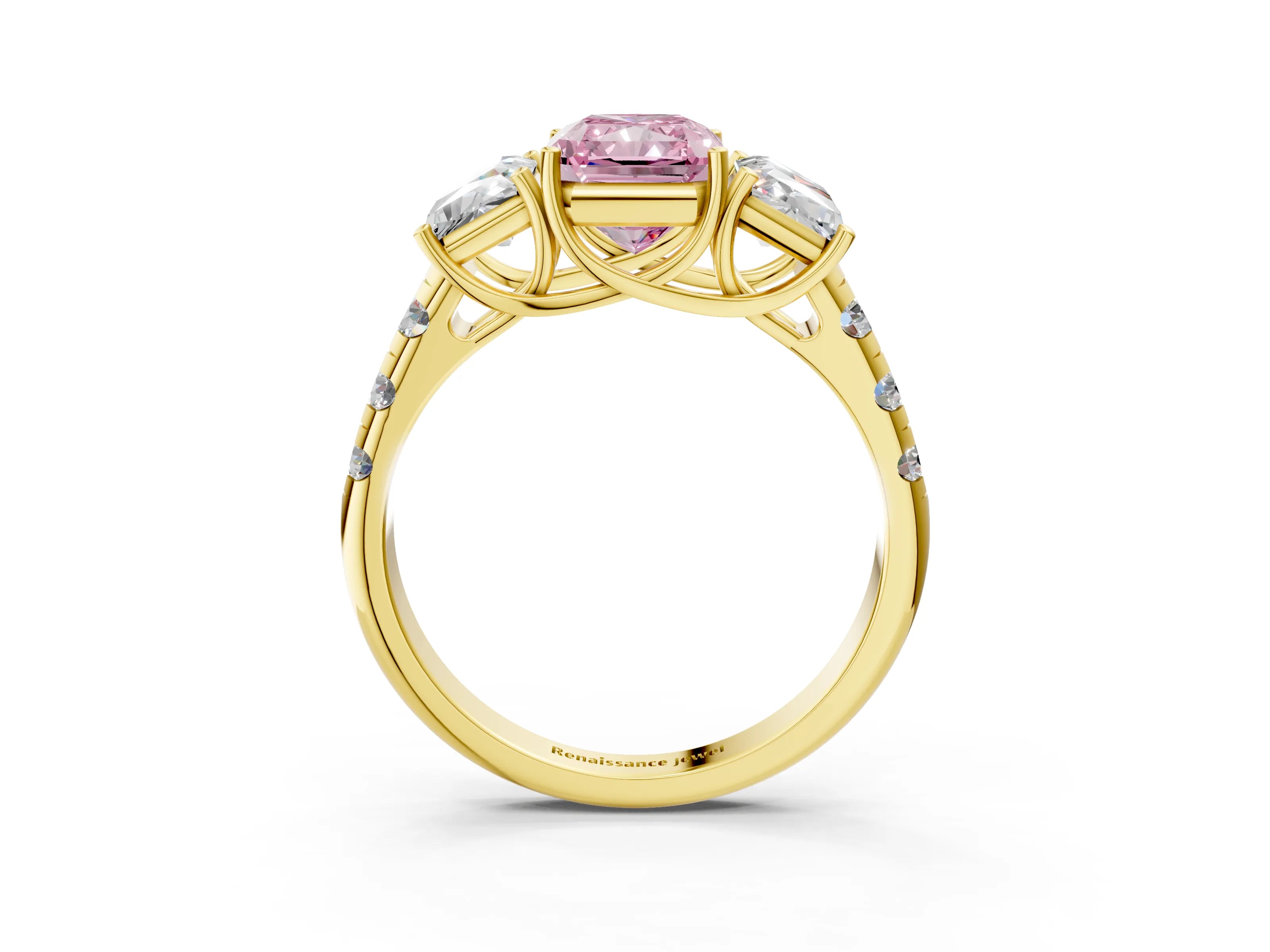 Yellow gold Three-Stone Fancy Pink Radiant Cut Diamond Pavé Band with Prong Setting_3