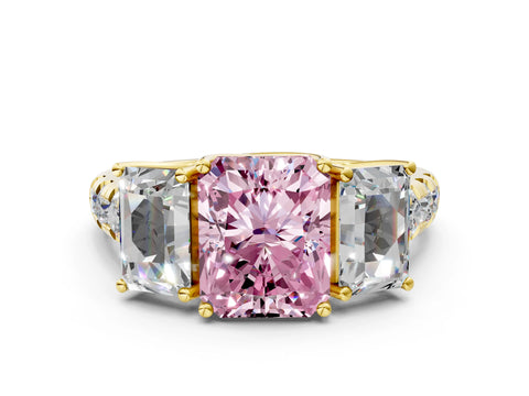 Yellow gold Three-Stone Fancy Pink Radiant Cut Diamond Pavé Band with Prong Setting