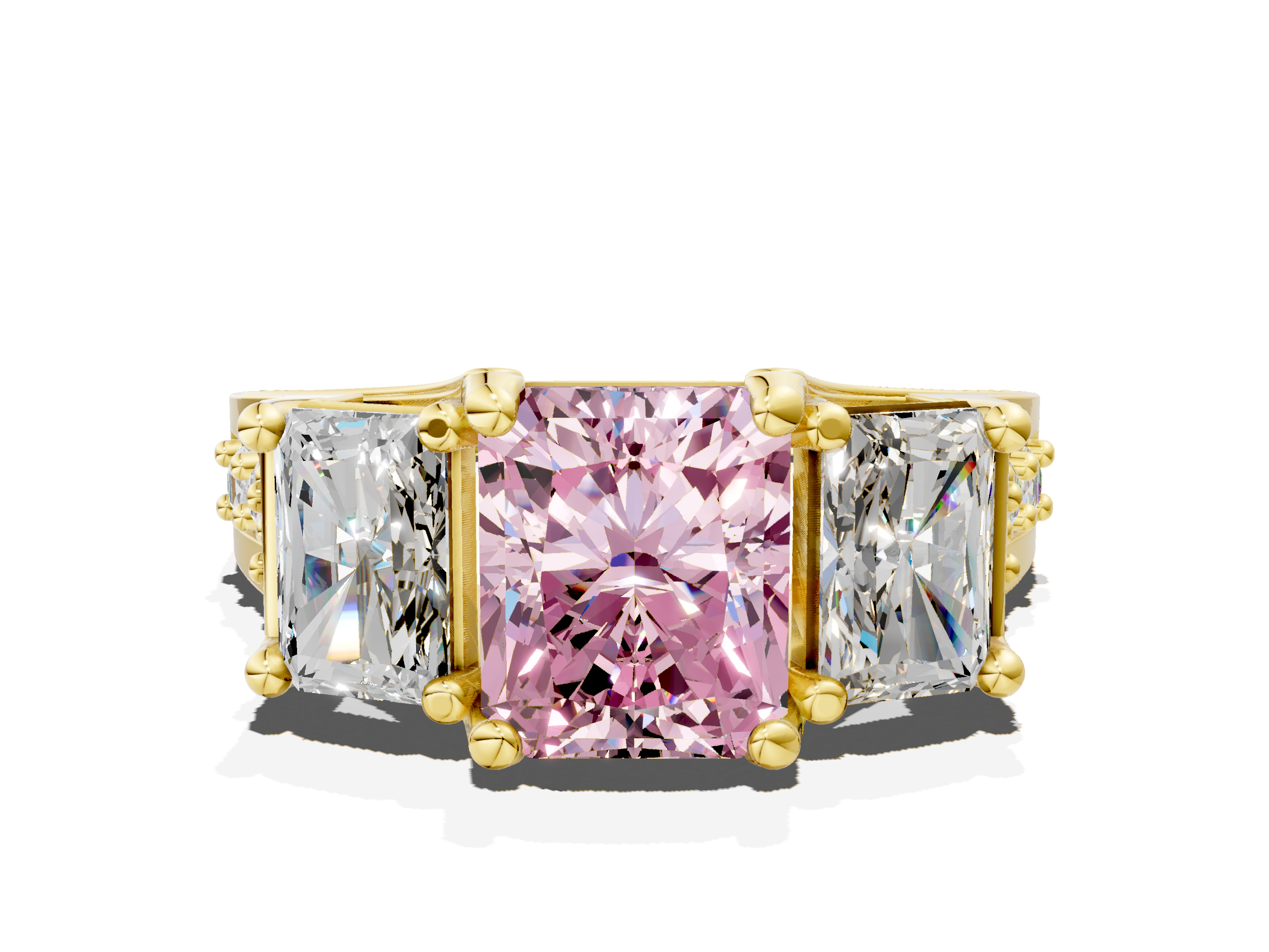 Yellow gold Three-Stone Fancy Pink Radiant  Cut Diamond Ring with Channel-Set Band and Four-Prong Setting_32
