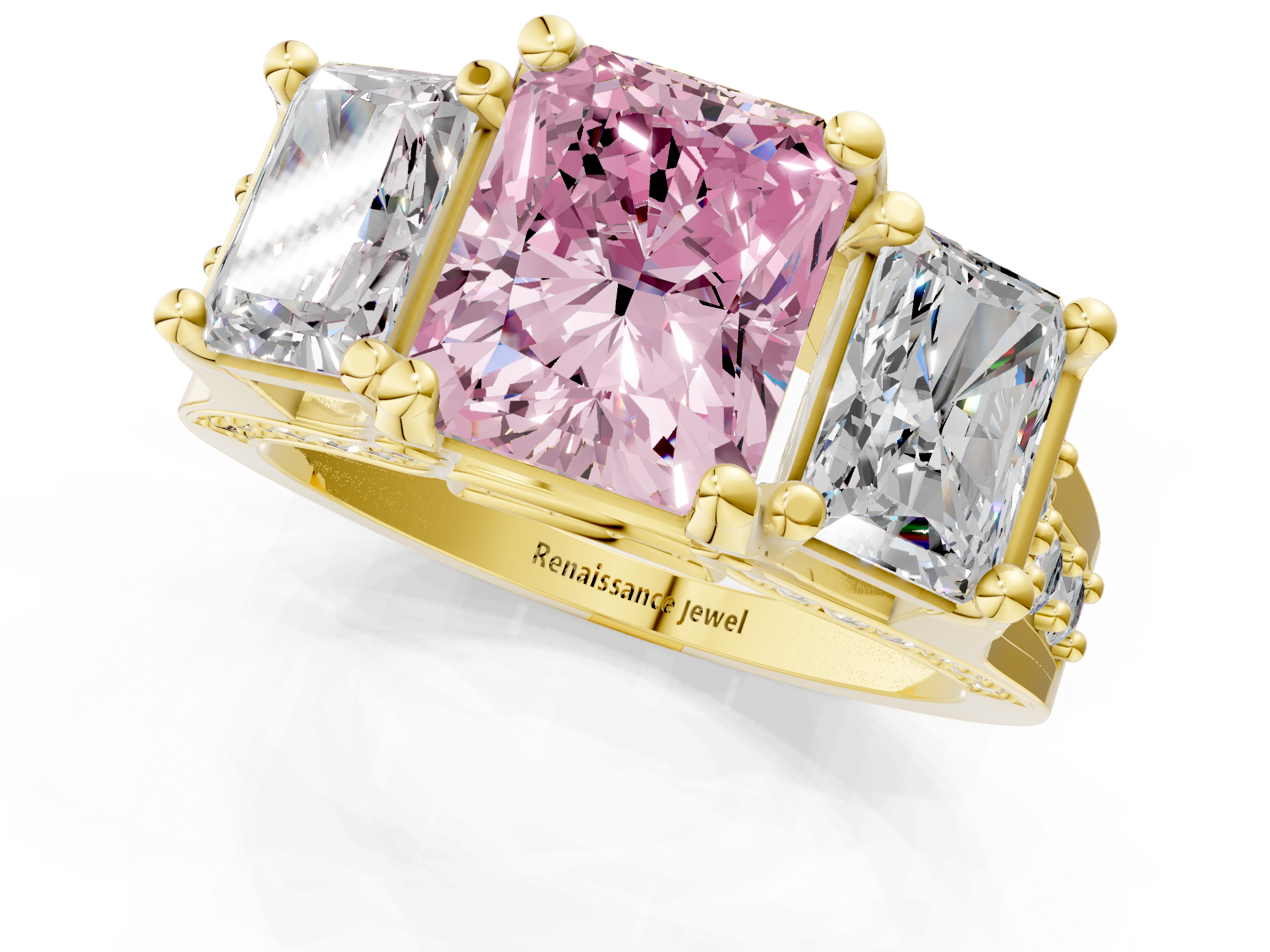 Yellow gold Three-Stone Fancy Pink Radiant  Cut Diamond Ring with Channel-Set Band and Four-Prong Setting_33