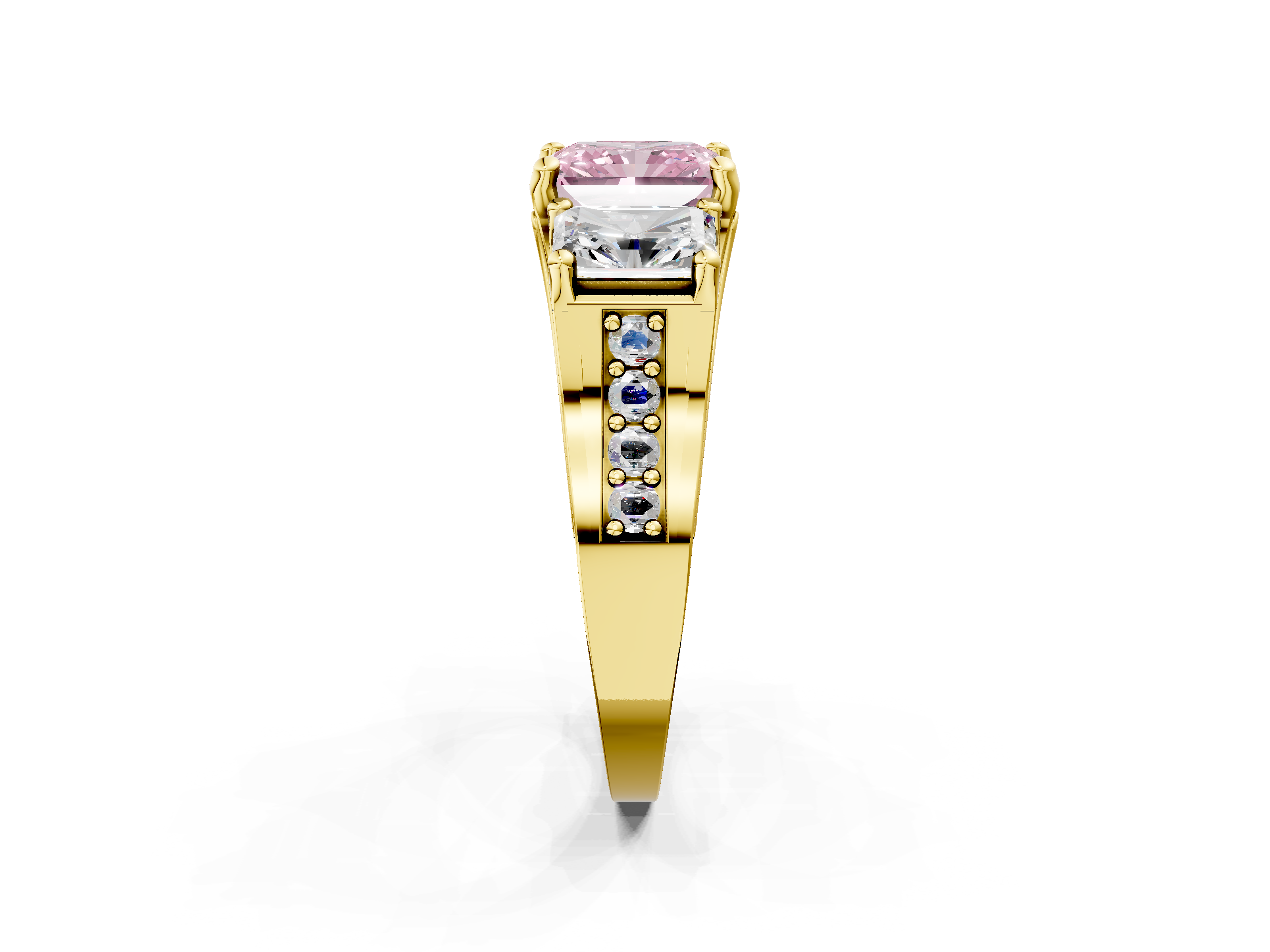 Yellow gold Three-Stone Fancy Pink Radiant  Cut Diamond Ring with Channel-Set Band and Four-Prong Setting_34