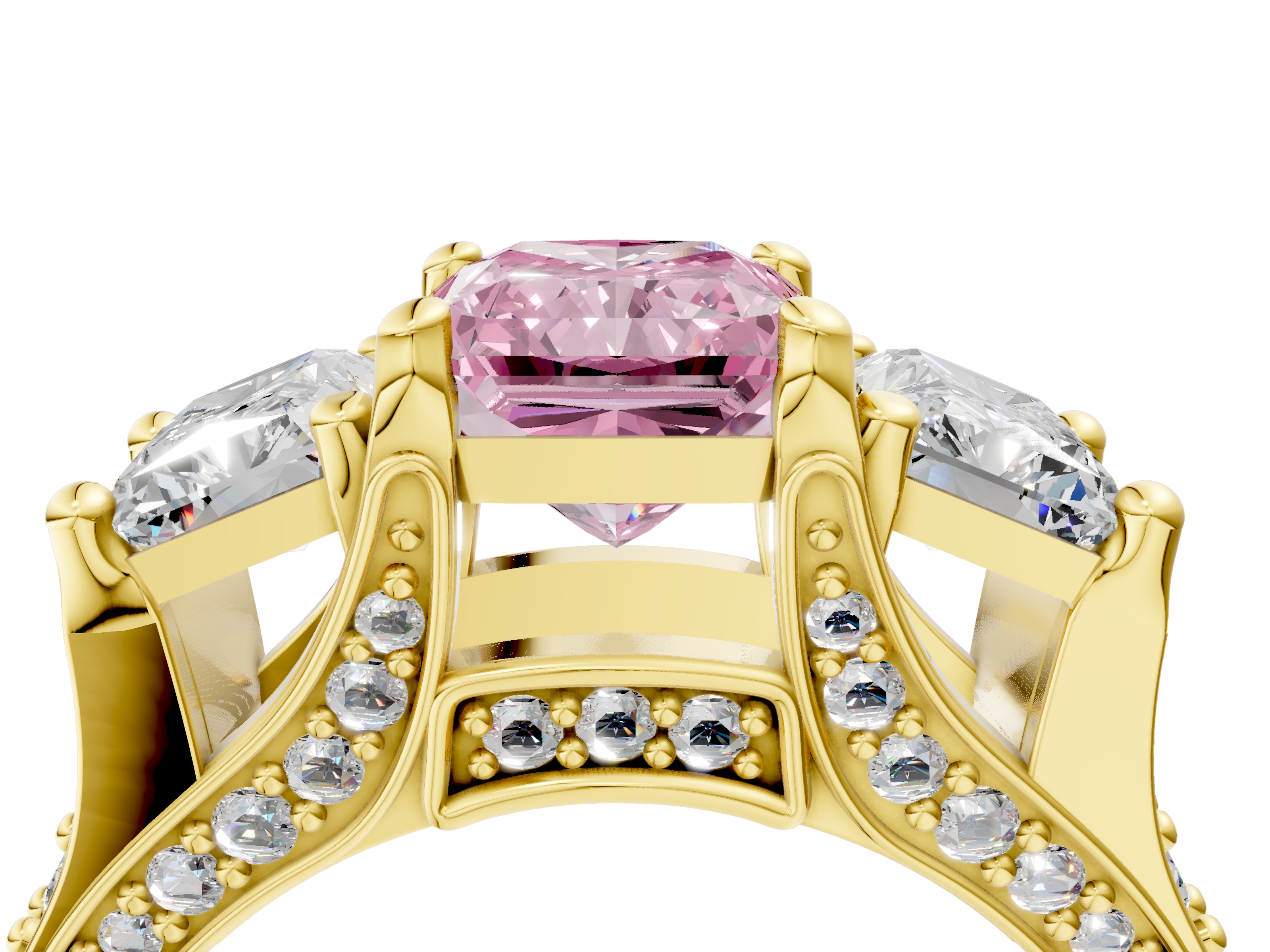 Yellow gold Three-Stone Fancy Pink Radiant  Cut Diamond Ring with Channel-Set Band and Four-Prong Setting_36