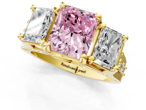 Yellow gold Fancy Pink Radiant Cut Diamond Three-Stone Ring with Channel Set Band and Four-Prong Setting