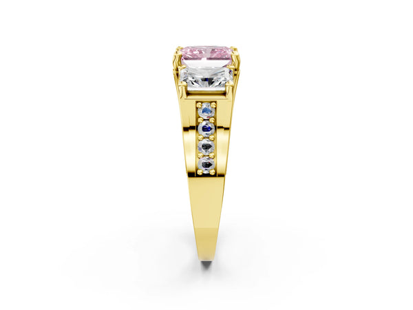 Yellow gold Fancy Pink Radiant Cut Diamond Three-Stone Ring with Channel Set Band and Four-Prong Setting