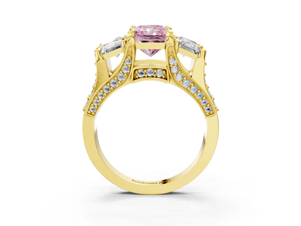 Yellow gold Fancy Pink Radiant Cut Diamond Three-Stone Ring with Channel Set Band and Four-Prong Setting