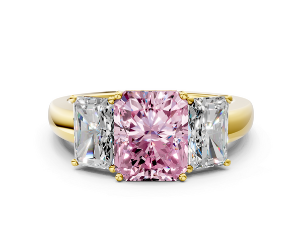 Yellow gold Fancy Pink Radiant Cut Diamond Three-Stone Ring with Four-Prong Setting and Classic Band