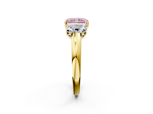 Yellow gold Fancy Pink Radiant Cut Diamond Three-Stone Ring with Four-Prong Setting and Classic Band