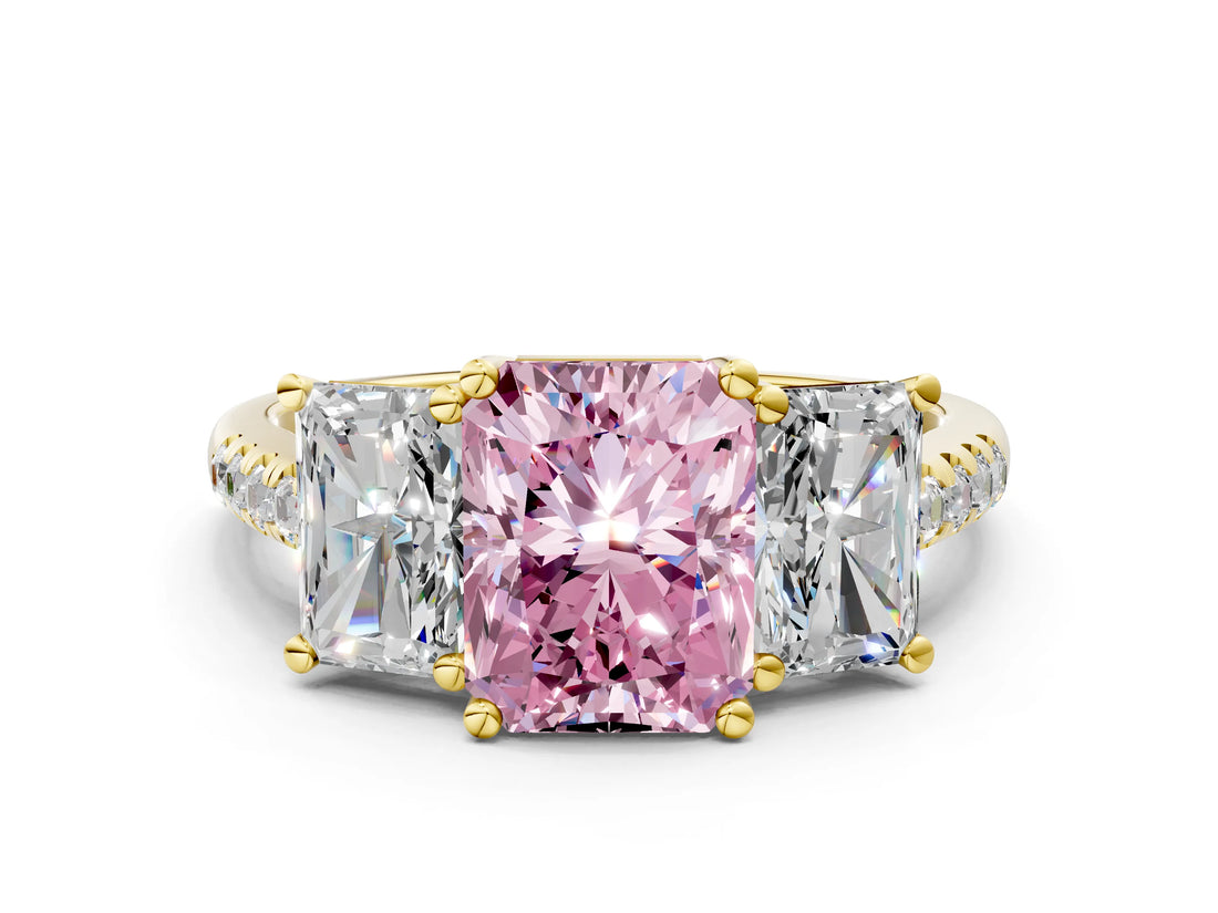 Yellow gold Three-Stone Fancy Pink Radiant Cut Diamond Ring with Pavé Band and Prong Setting_57