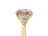 Yellow gold Three-Stone Fancy Pink Radiant Cut Diamond Ring with Pear  Side Stones in Four-Prong Setting_17