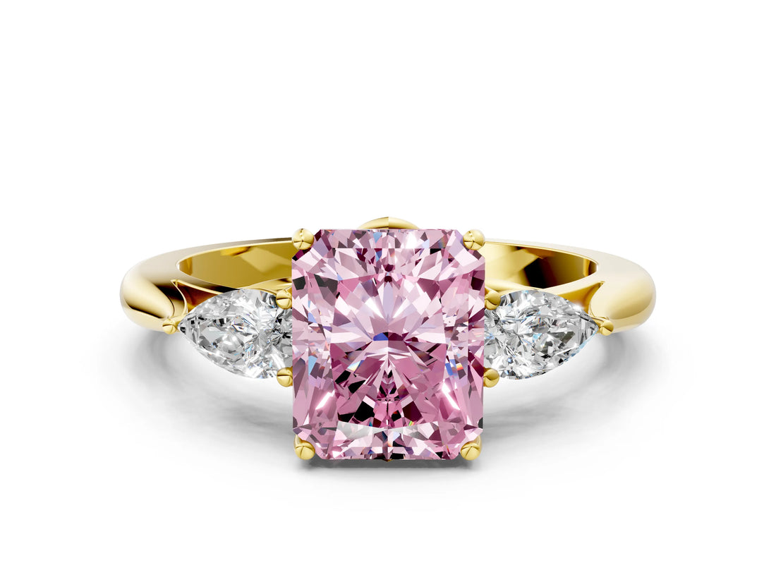 Yellow gold Three-Stone Fancy Pink Radiant Cut Diamond Ring with Pear  Side Stones in Four-Prong Setting_48
